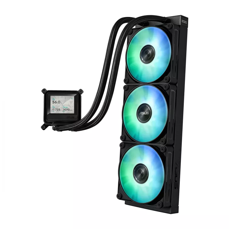 Universāls šķidruma dzesētājs ASUS MAX GAMING LC 360 ARGB LCD — 360 mm radiators, 120 mm ventilatori, atbalsta AM4/AM5/LGA1700, melns