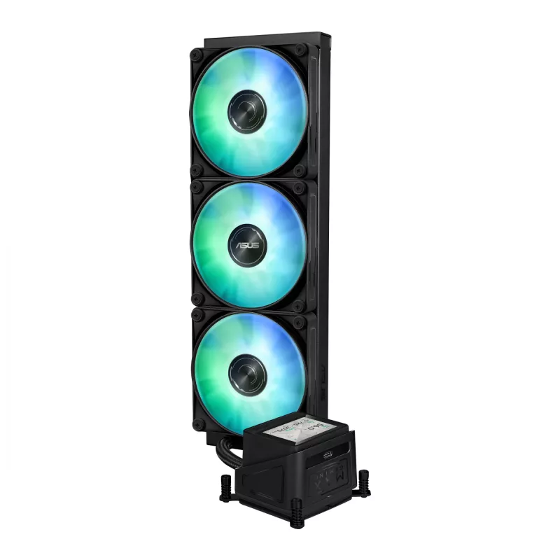Universāls šķidruma dzesētājs ASUS MAX GAMING LC 360 ARGB LCD — 360 mm radiators, 120 mm ventilatori, atbalsta AM4/AM5/LGA1700, melns