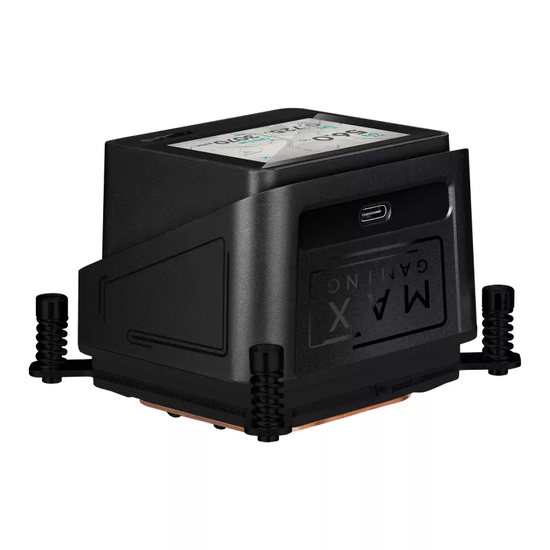 Universāls šķidruma dzesētājs ASUS MAX GAMING LC 360 ARGB LCD — 360 mm radiators, 120 mm ventilatori, atbalsta AM4/AM5/LGA1700, melns