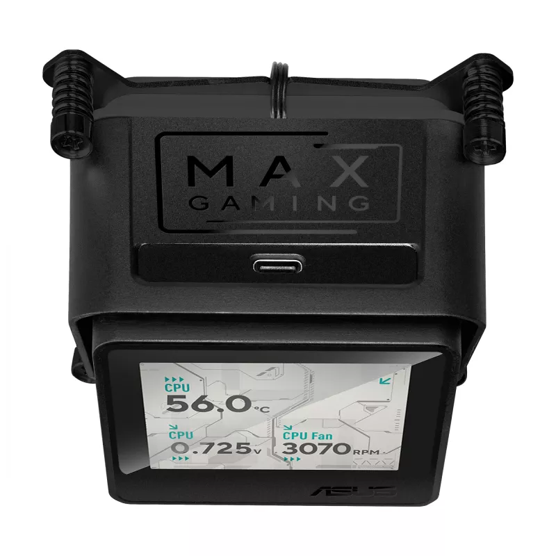 Universāls šķidruma dzesētājs ASUS MAX GAMING LC 360 ARGB LCD — 360 mm radiators, 120 mm ventilatori, atbalsta AM4/AM5/LGA1700, melns