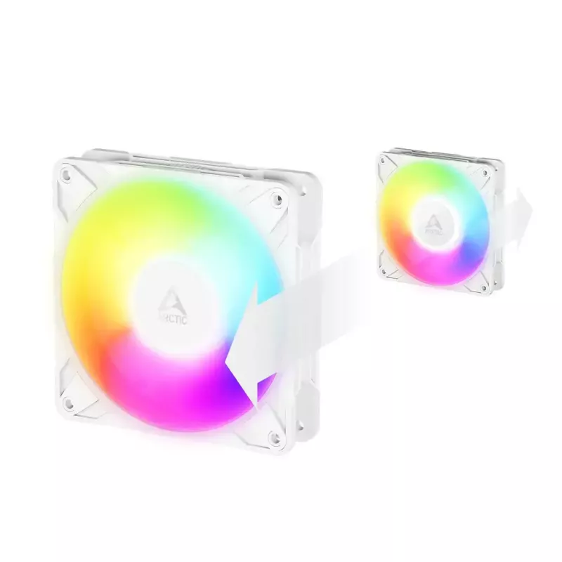 120 mm Arctic Freezer P12 Pro Reverse A-RGB PWM ventilators (balts) — 124 m³/h, FDB, kabeļu sadalītājs