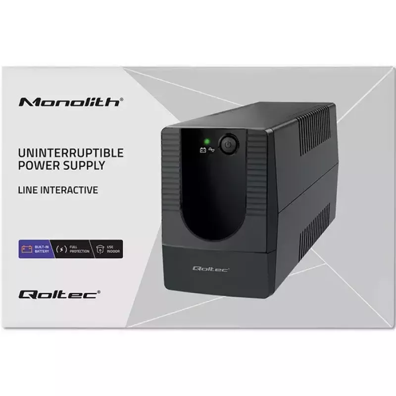 Nepārtrauktās barošanas avots QOLTEC 53773 0,85 kVA (480 W) Line-Interactive, 1x E tipa kontaktligzda, 7 Ah akumulators