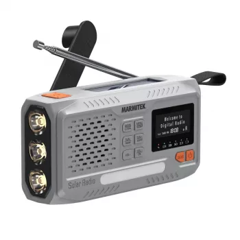 Pārnēsājams uzvelkamais radio Marmitek RESQ 100 — DAB/DAB+/FM, 3 W, LCD, USB‑C, 3,5 mm ligzda, gaiši pelēks