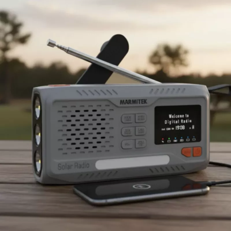 Pārnēsājams uzvelkamais radio Marmitek RESQ 100 — DAB/DAB+/FM, 3 W, LCD, USB‑C, 3,5 mm ligzda, gaiši pelēks