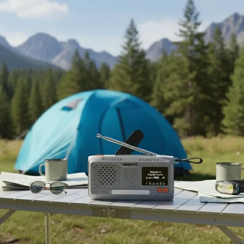 Pārnēsājams uzvelkamais radio Marmitek RESQ 100 — DAB/DAB+/FM, 3 W, LCD, USB‑C, 3,5 mm ligzda, gaiši pelēks