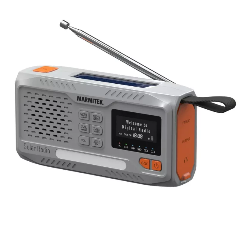 Pārnēsājams uzvelkamais radio Marmitek RESQ 100 — DAB/DAB+/FM, 3 W, LCD, USB‑C, 3,5 mm ligzda, gaiši pelēks