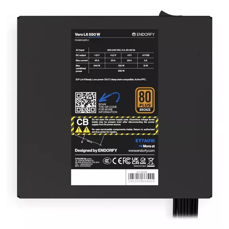 Barošanas bloks ENDORFY Vero L6 550 W ATX 24-pin 80 PLUS Bronze, 120 mm ventilators, melns