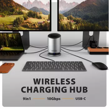 AXAGON HMC-WL9 USB-C 9-in-1 dokstacija ar 10 Gbps, 100W PD, 8K HDMI, Ethernet, bezvadu uzlādi