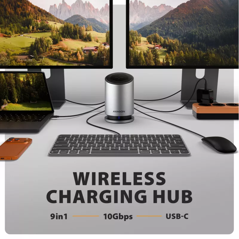 AXAGON HMC-WL9 USB-C 9-in-1 dokstacija ar 10 Gbps, 100W PD, 8K HDMI, Ethernet, bezvadu uzlādi