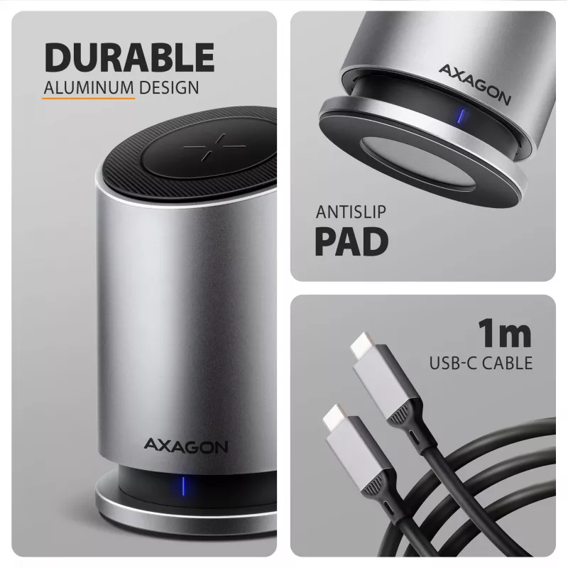 AXAGON HMC-WL9 USB-C 9-in-1 dokstacija ar 10 Gbps, 100W PD, 8K HDMI, Ethernet, bezvadu uzlādi