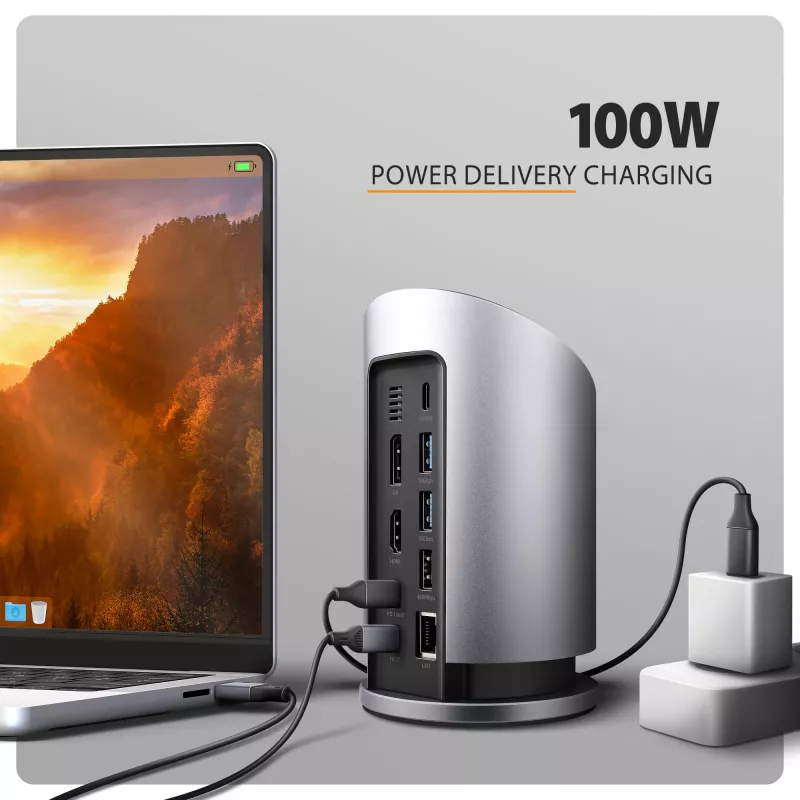 AXAGON HMC-WL9 USB-C 9-in-1 dokstacija ar 10 Gbps, 100W PD, 8K HDMI, Ethernet, bezvadu uzlādi