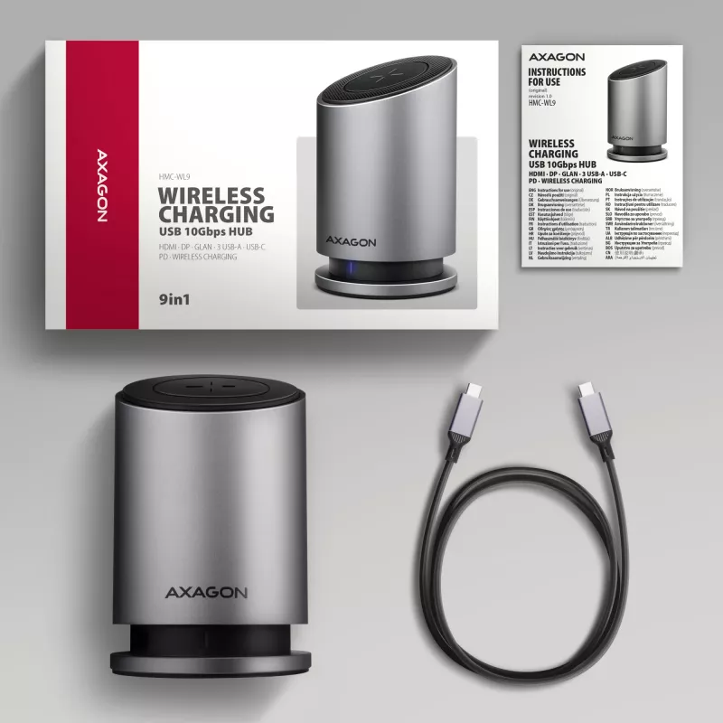 AXAGON HMC-WL9 USB-C 9-in-1 dokstacija ar 10 Gbps, 100W PD, 8K HDMI, Ethernet, bezvadu uzlādi