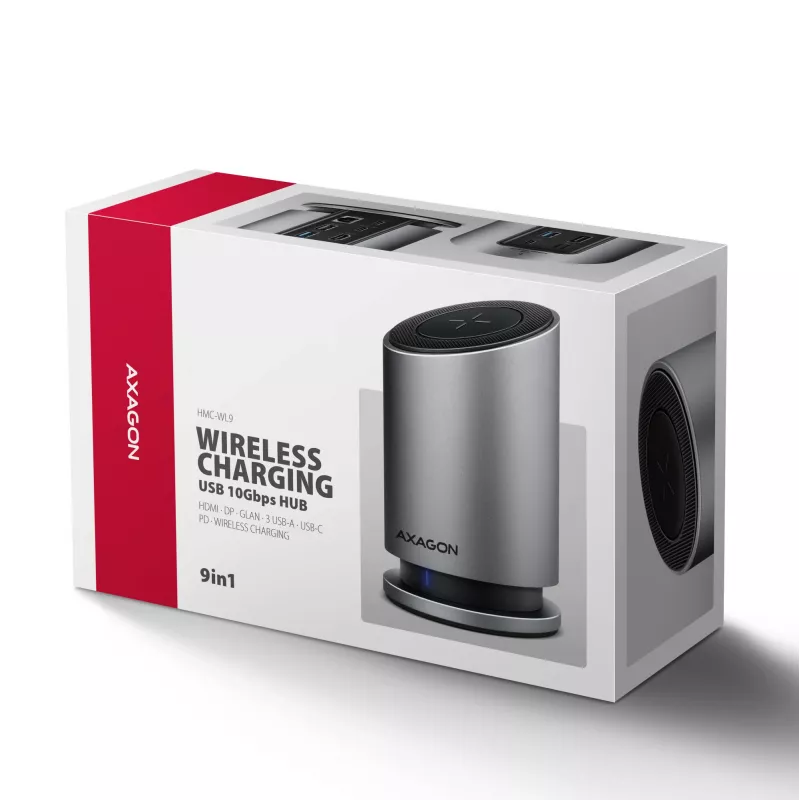 AXAGON HMC-WL9 USB-C 9-in-1 dokstacija ar 10 Gbps, 100W PD, 8K HDMI, Ethernet, bezvadu uzlādi