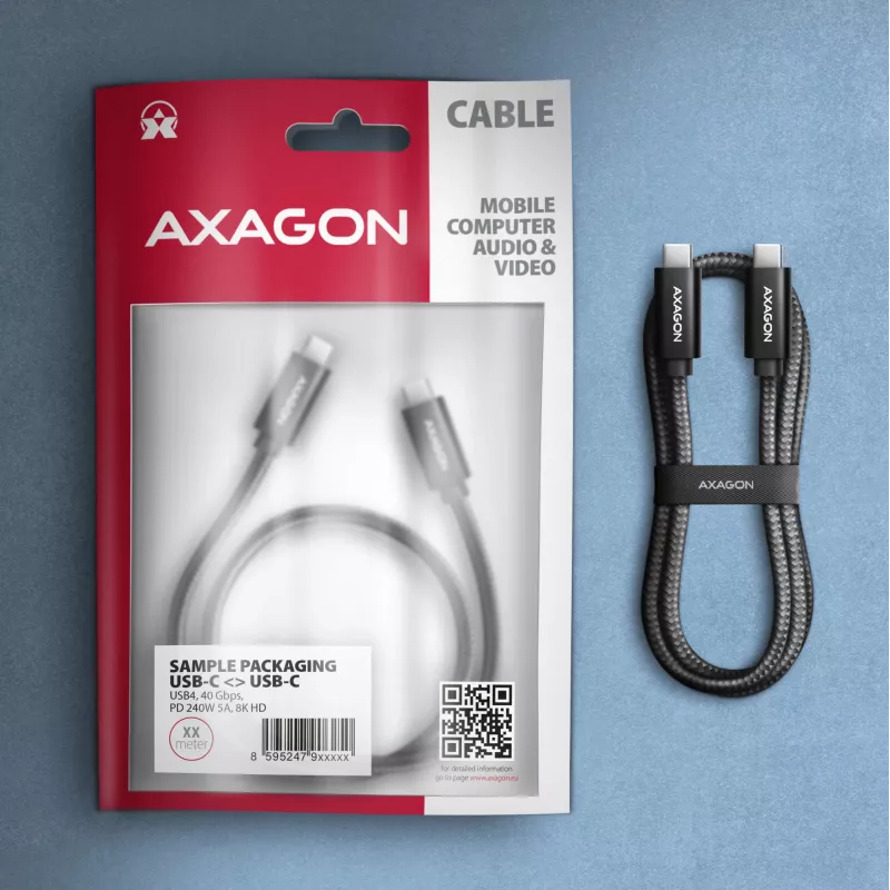 USB-C uz USB-C kabelis AXAGON BUCM4X-CM05AB — USB4 Gen 3x2, 40 Gbit/s, 240 W, 0,5 m, melns