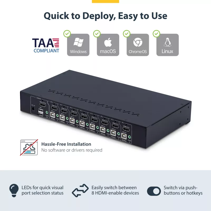 StarTech.com 8 portu HDMI KVM slēdzis ar 1U montāžas komplektu statīvā, 4K 60Hz HDMI 2.0, pārslēgšana ar spiedpogām un karstajiem taustiņiem, 4 portu USB centrmezgls, neatkarīgs no OS, atbilst TAA