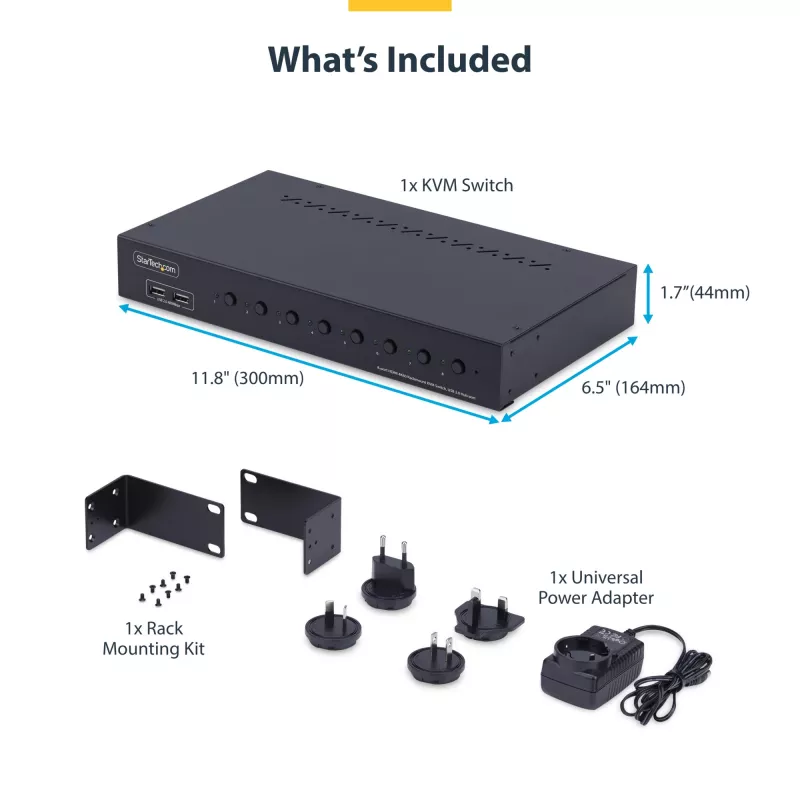 StarTech.com 8 portu HDMI KVM slēdzis ar 1U montāžas komplektu statīvā, 4K 60Hz HDMI 2.0, pārslēgšana ar spiedpogām un karstajiem taustiņiem, 4 portu USB centrmezgls, neatkarīgs no OS, atbilst TAA