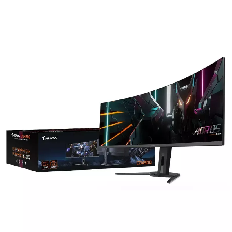 Monitors GIGABYTE 49 collu OLED CO49DQ DQHD 5120×1440 144 Hz, HDR, FreeSync, 10 bitu, 2×HDMI 2.1, USB-C, VESA 100×100