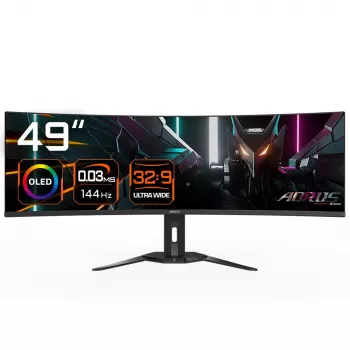 Monitors GIGABYTE 49 collu OLED CO49DQ DQHD 5120×1440 144 Hz, HDR, FreeSync, 10 bitu, 2×HDMI 2.1, USB-C, VESA 100×100