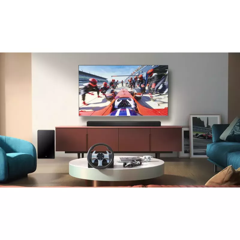 Skaņas josla TCL Q75H 620W 5.1.2 kanālu ar bezvadu aktīvo zemfrekvenču skaļruni, HDMI 2.1, Bluetooth 5.3, Wi‑Fi 5, 1040×110×58 mm