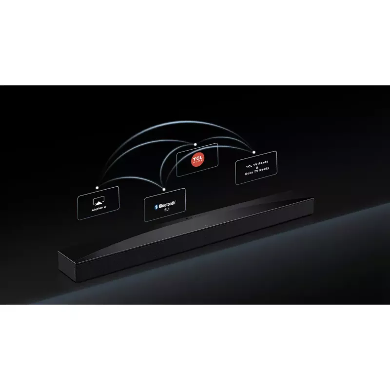 Skaņas josla TCL Q75H 620W 5.1.2 kanālu ar bezvadu aktīvo zemfrekvenču skaļruni, HDMI 2.1, Bluetooth 5.3, Wi‑Fi 5, 1040×110×58 mm