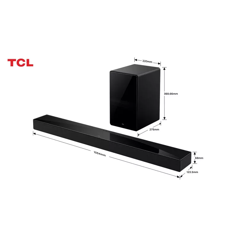 Skaņas josla TCL Q75H 620W 5.1.2 kanālu ar bezvadu aktīvo zemfrekvenču skaļruni, HDMI 2.1, Bluetooth 5.3, Wi‑Fi 5, 1040×110×58 mm