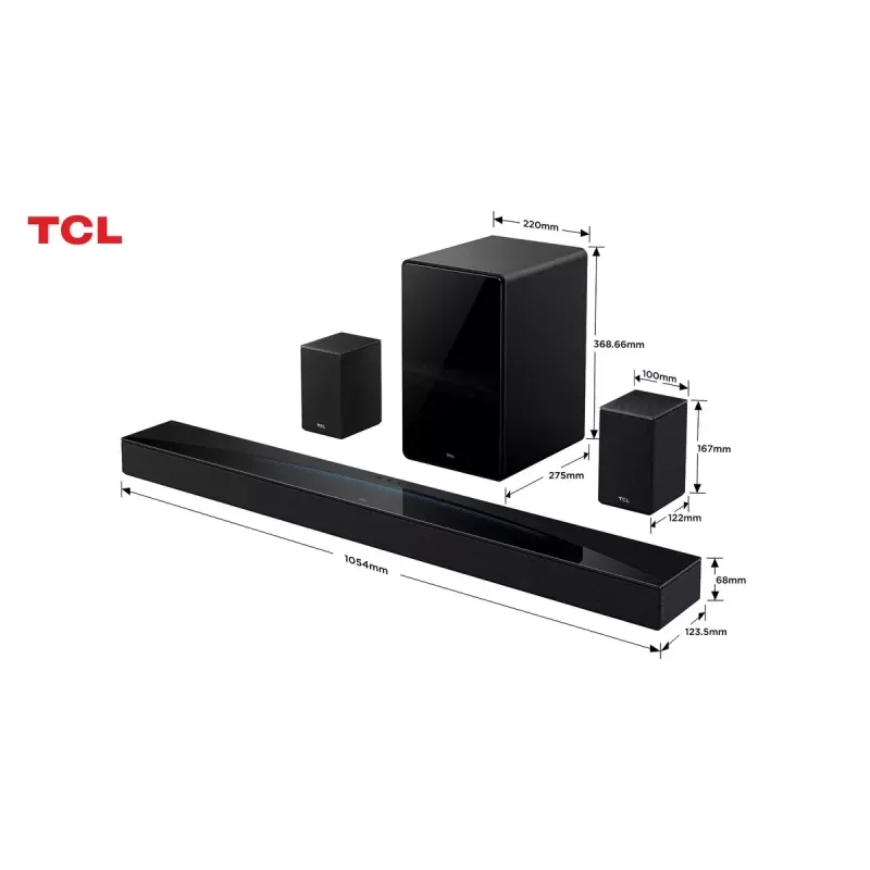 TCL Q Q85H Class 7.1.4 kanālu skaņas panelis ar Dolby Atmos, bezvadu zemfrekvenču skaļruni un bezvadu surround skaļruņiem