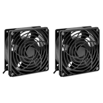 Intellinet 2-ventilatoru ventilācijas bloks 19 collu sienas skapjiem, montāža uz jumta, 1,8 m strāvas kabelis ar ES CEE 7/7 spraudni, formāts 120 x 120 mm, zemējuma komplekts iekļauts, melns