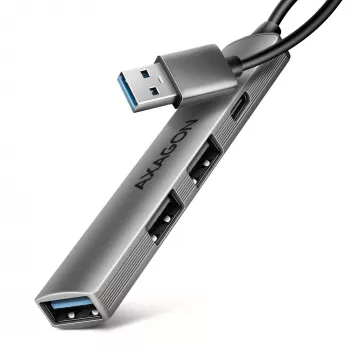 USB centrālmezgls AXAGON HUE-STA — 4 portu alumīnija sloksne, 1× USB-A 5Gbps + 2× USB-A & 1× USB-C 480Mbps, USB-A pieslēgvieta, pelēks