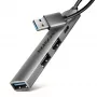 USB centrālmezgls AXAGON HUE-STA — 4 portu alumīnija sloksne, 1× USB-A 5Gbps + 2× USB-A & 1× USB-C 480Mbps, USB-A pieslēgvieta, pelēks