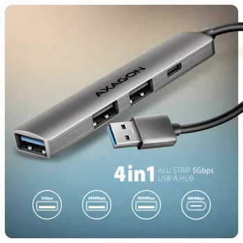 USB centrālmezgls AXAGON HUE-STA — 4 portu alumīnija sloksne, 1× USB-A 5Gbps + 2× USB-A & 1× USB-C 480Mbps, USB-A pieslēgvieta, pelēks