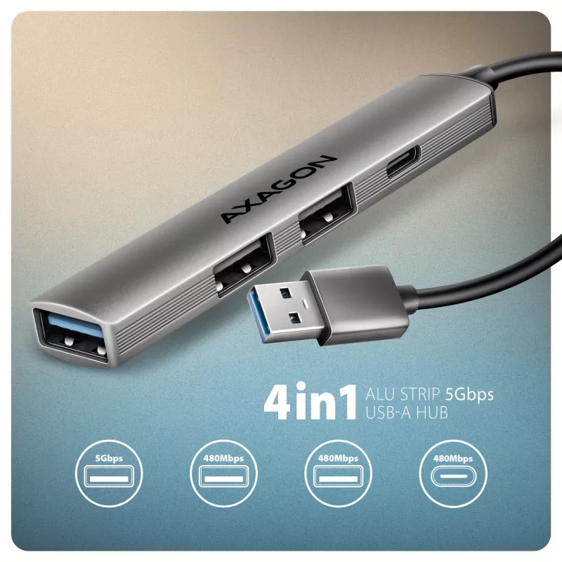 USB centrālmezgls AXAGON HUE-STA — 4 portu alumīnija sloksne, 1× USB-A 5Gbps + 2× USB-A & 1× USB-C 480Mbps, USB-A pieslēgvieta, pelēks