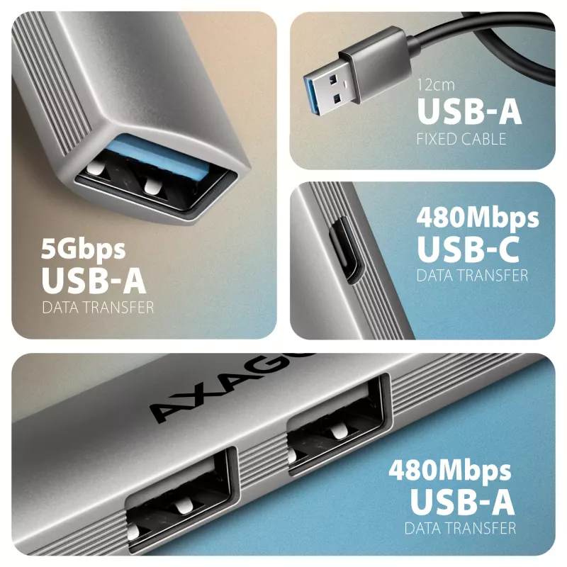 USB centrālmezgls AXAGON HUE-STA — 4 portu alumīnija sloksne, 1× USB-A 5Gbps + 2× USB-A & 1× USB-C 480Mbps, USB-A pieslēgvieta, pelēks