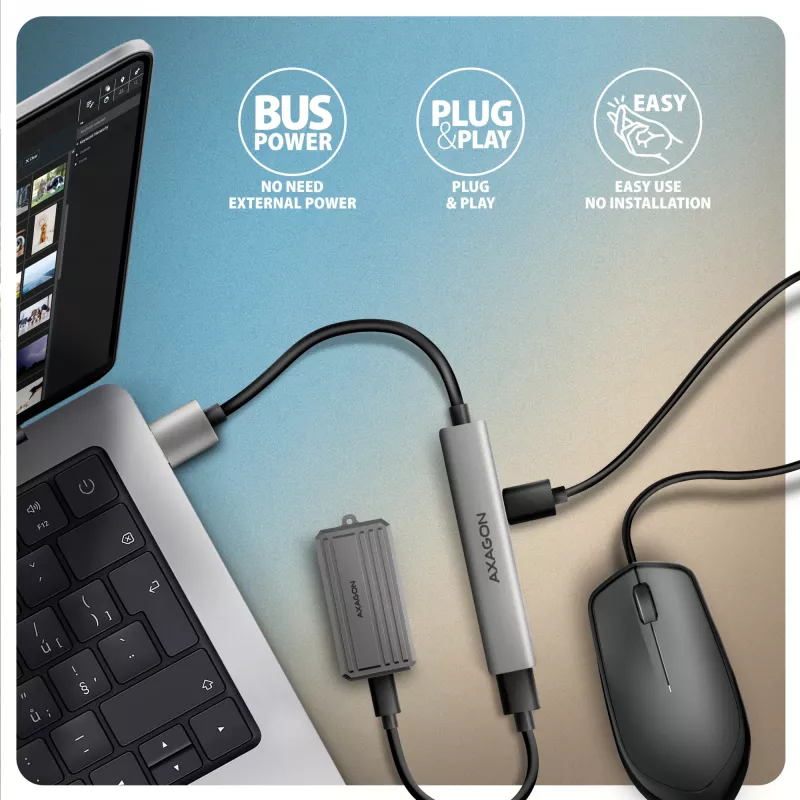 USB centrālmezgls AXAGON HUE-STA — 4 portu alumīnija sloksne, 1× USB-A 5Gbps + 2× USB-A & 1× USB-C 480Mbps, USB-A pieslēgvieta, pelēks