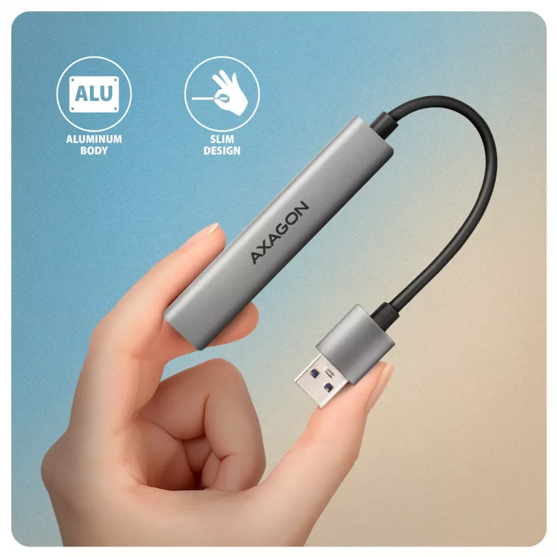 USB centrālmezgls AXAGON HUE-STA — 4 portu alumīnija sloksne, 1× USB-A 5Gbps + 2× USB-A & 1× USB-C 480Mbps, USB-A pieslēgvieta, pelēks