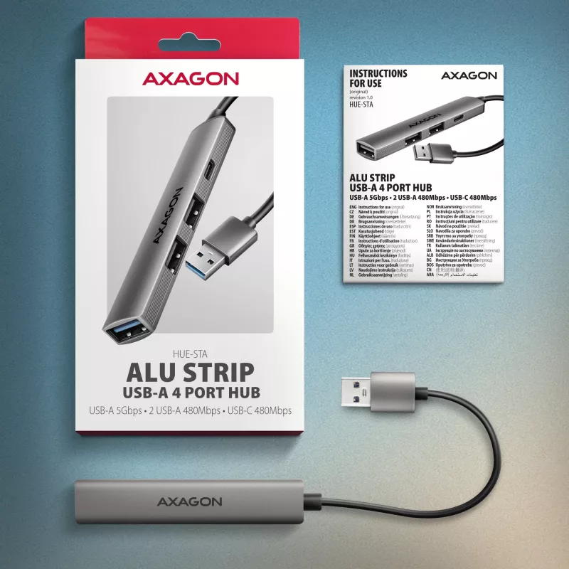 USB centrālmezgls AXAGON HUE-STA — 4 portu alumīnija sloksne, 1× USB-A 5Gbps + 2× USB-A & 1× USB-C 480Mbps, USB-A pieslēgvieta, pelēks