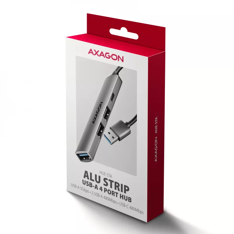 USB centrālmezgls AXAGON HUE-STA — 4 portu alumīnija sloksne, 1× USB-A 5Gbps + 2× USB-A & 1× USB-C 480Mbps, USB-A pieslēgvieta, pelēks