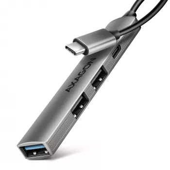 USB centrmezgls AXAGON HUE-STC, 4 portu alumīnija josla, 1x USB-A 5Gbps + 2x USB-A & 1x USB-C 480Mbps, USB-C saimniekdators, 12 cm kabelis, pelēks
