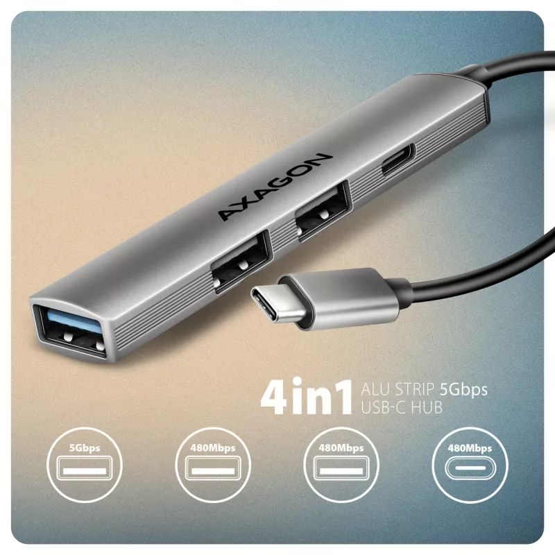 USB centrmezgls AXAGON HUE-STC, 4 portu alumīnija josla, 1x USB-A 5Gbps + 2x USB-A & 1x USB-C 480Mbps, USB-C saimniekdators, 12 cm kabelis, pelēks