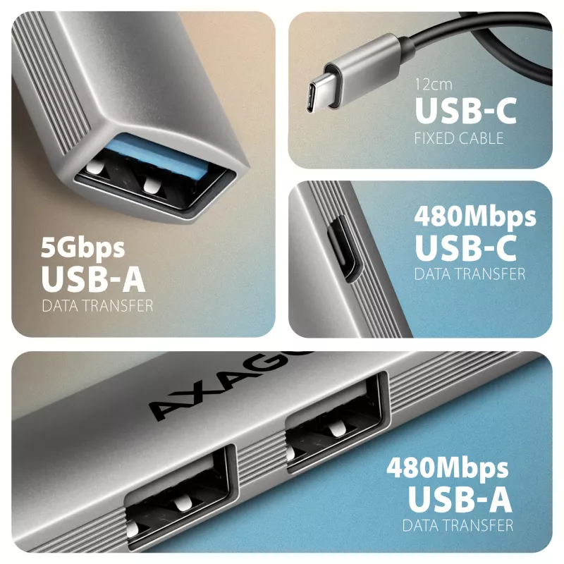 USB centrmezgls AXAGON HUE-STC, 4 portu alumīnija josla, 1x USB-A 5Gbps + 2x USB-A & 1x USB-C 480Mbps, USB-C saimniekdators, 12 cm kabelis, pelēks