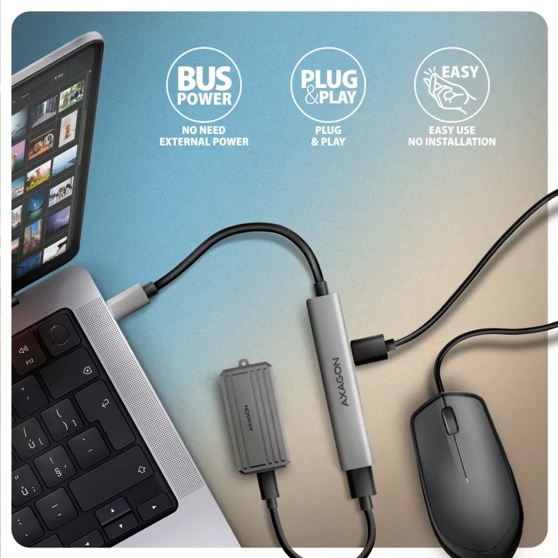 USB centrmezgls AXAGON HUE-STC, 4 portu alumīnija josla, 1x USB-A 5Gbps + 2x USB-A & 1x USB-C 480Mbps, USB-C saimniekdators, 12 cm kabelis, pelēks