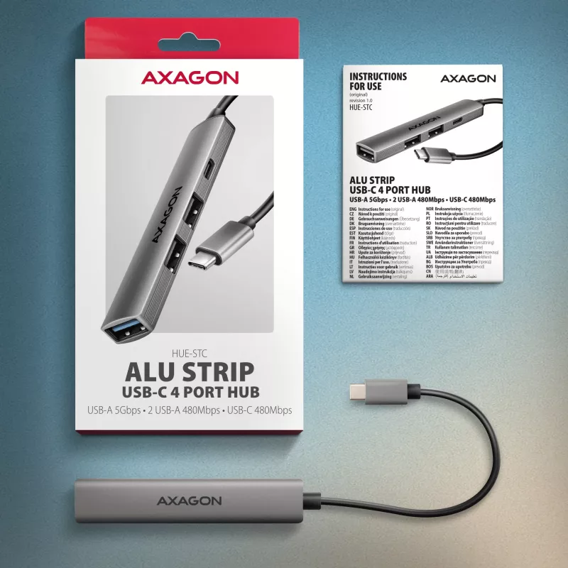USB centrmezgls AXAGON HUE-STC, 4 portu alumīnija josla, 1x USB-A 5Gbps + 2x USB-A & 1x USB-C 480Mbps, USB-C saimniekdators, 12 cm kabelis, pelēks