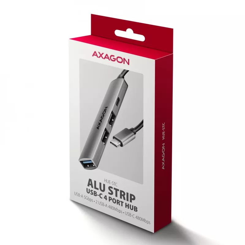USB centrmezgls AXAGON HUE-STC, 4 portu alumīnija josla, 1x USB-A 5Gbps + 2x USB-A & 1x USB-C 480Mbps, USB-C saimniekdators, 12 cm kabelis, pelēks