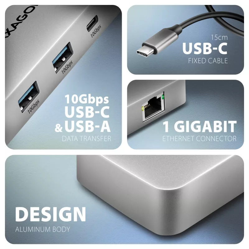 Axagon HMC-CUB83X2 USB 10 Gbps centrālmezgls, 2x USB-A, USB-C, HDMI un DP 4K/144 Hz, RJ-45, PD 100 W