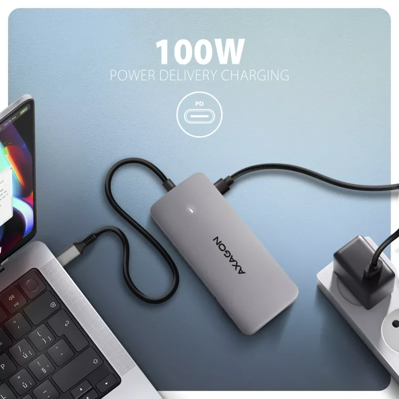 Axagon HMC-CUB83X2 USB 10 Gbps centrālmezgls, 2x USB-A, USB-C, HDMI un DP 4K/144 Hz, RJ-45, PD 100 W