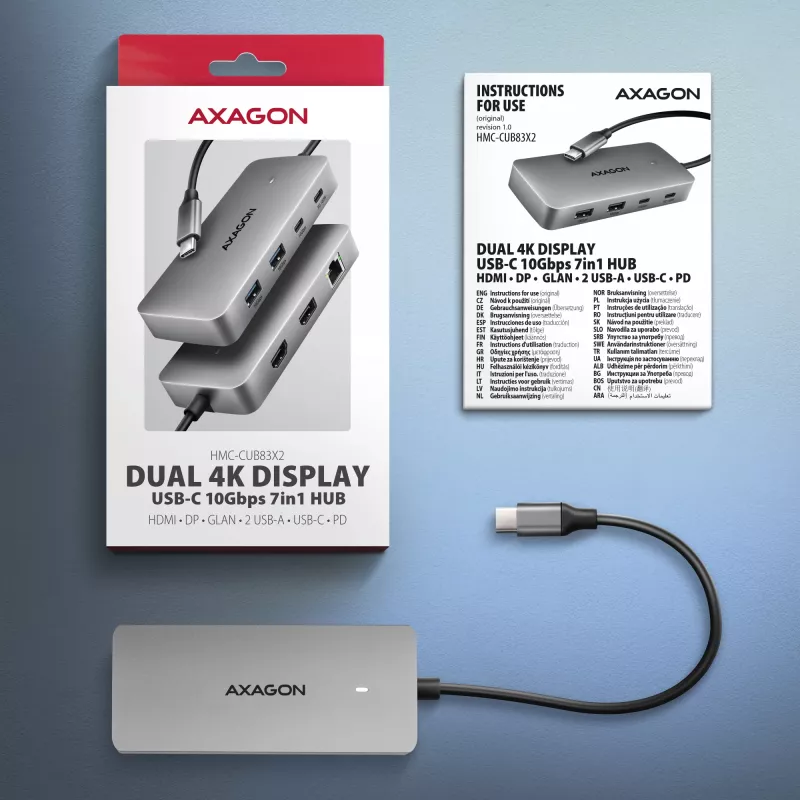 Axagon HMC-CUB83X2 USB 10 Gbps centrālmezgls, 2x USB-A, USB-C, HDMI un DP 4K/144 Hz, RJ-45, PD 100 W