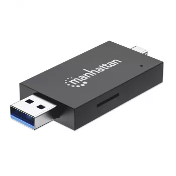 Manhattan USB-A / USB-C combo Multi-Card Reader/Writer, 5 Gbps (USB 3.2 Gen1 aka USB 3.0), Male to microSD and SD/MMC Slots, Mini Format, SuperSpeed USB, Windows or Mac, Melns/Transparent, Three Year Warranty