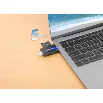 Manhattan USB-A / USB-C combo Multi-Card Reader/Writer, 5 Gbps (USB 3.2 Gen1 aka USB 3.0), Male to microSD and SD/MMC Slots, Mini Format, SuperSpeed USB, Windows or Mac, Melns/Transparent, Three Year Warranty