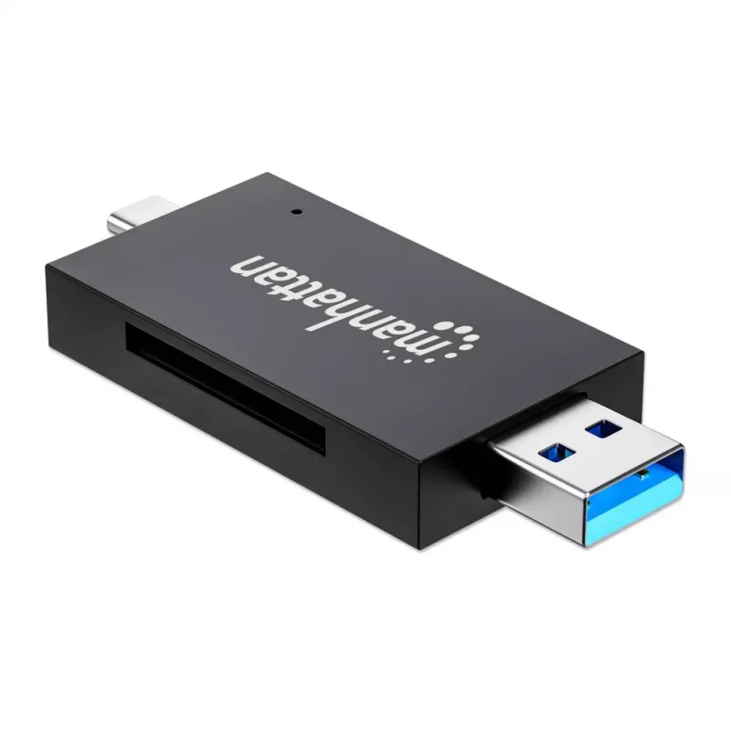 Manhattan USB-A / USB-C combo Multi-Card Reader/Writer, 5 Gbps (USB 3.2 Gen1 aka USB 3.0), Male to microSD and SD/MMC Slots, Mini Format, SuperSpeed USB, Windows or Mac, Melns/Transparent, Three Year Warranty