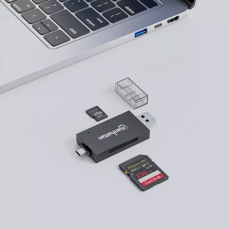 Manhattan USB-A / USB-C combo Multi-Card Reader/Writer, 5 Gbps (USB 3.2 Gen1 aka USB 3.0), Male to microSD and SD/MMC Slots, Mini Format, SuperSpeed USB, Windows or Mac, Melns/Transparent, Three Year Warranty
