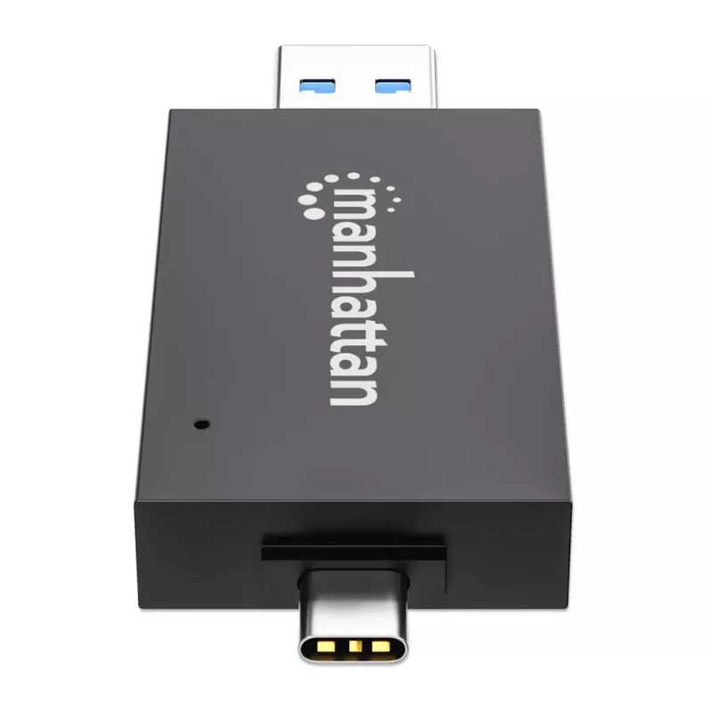 Manhattan USB-A / USB-C combo Multi-Card Reader/Writer, 5 Gbps (USB 3.2 Gen1 aka USB 3.0), Male to microSD and SD/MMC Slots, Mini Format, SuperSpeed USB, Windows or Mac, Melns/Transparent, Three Year Warranty